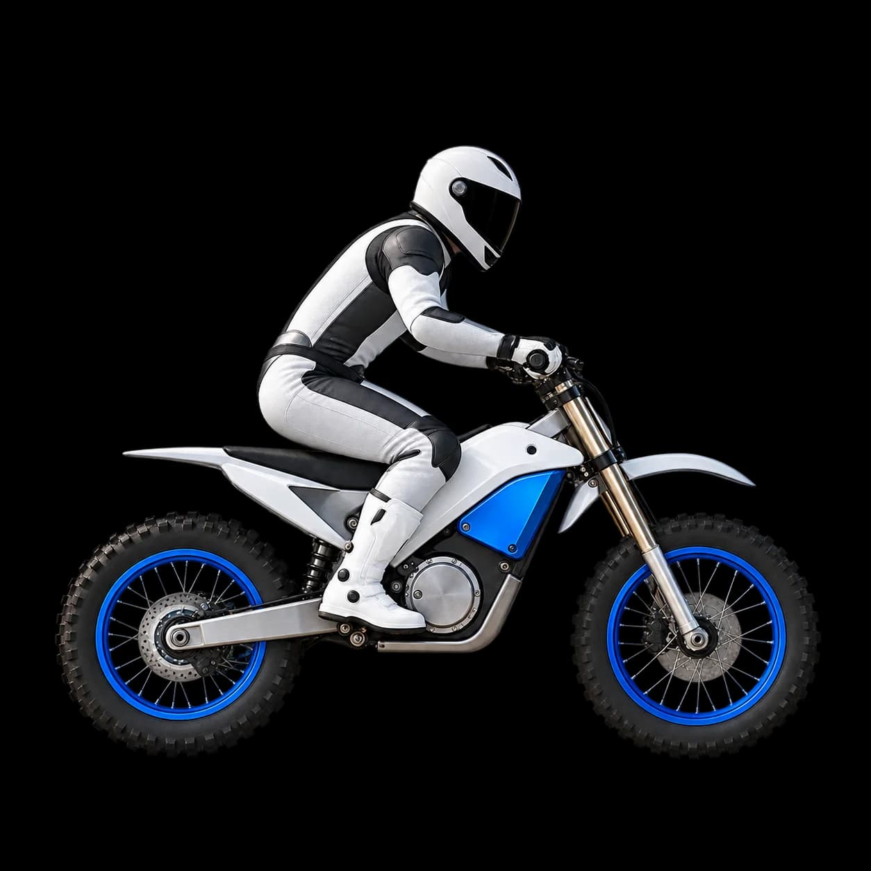 Full side-view reference of the white, silver, and cobalt motorcycle with a helmeted rider and both wheels visible.