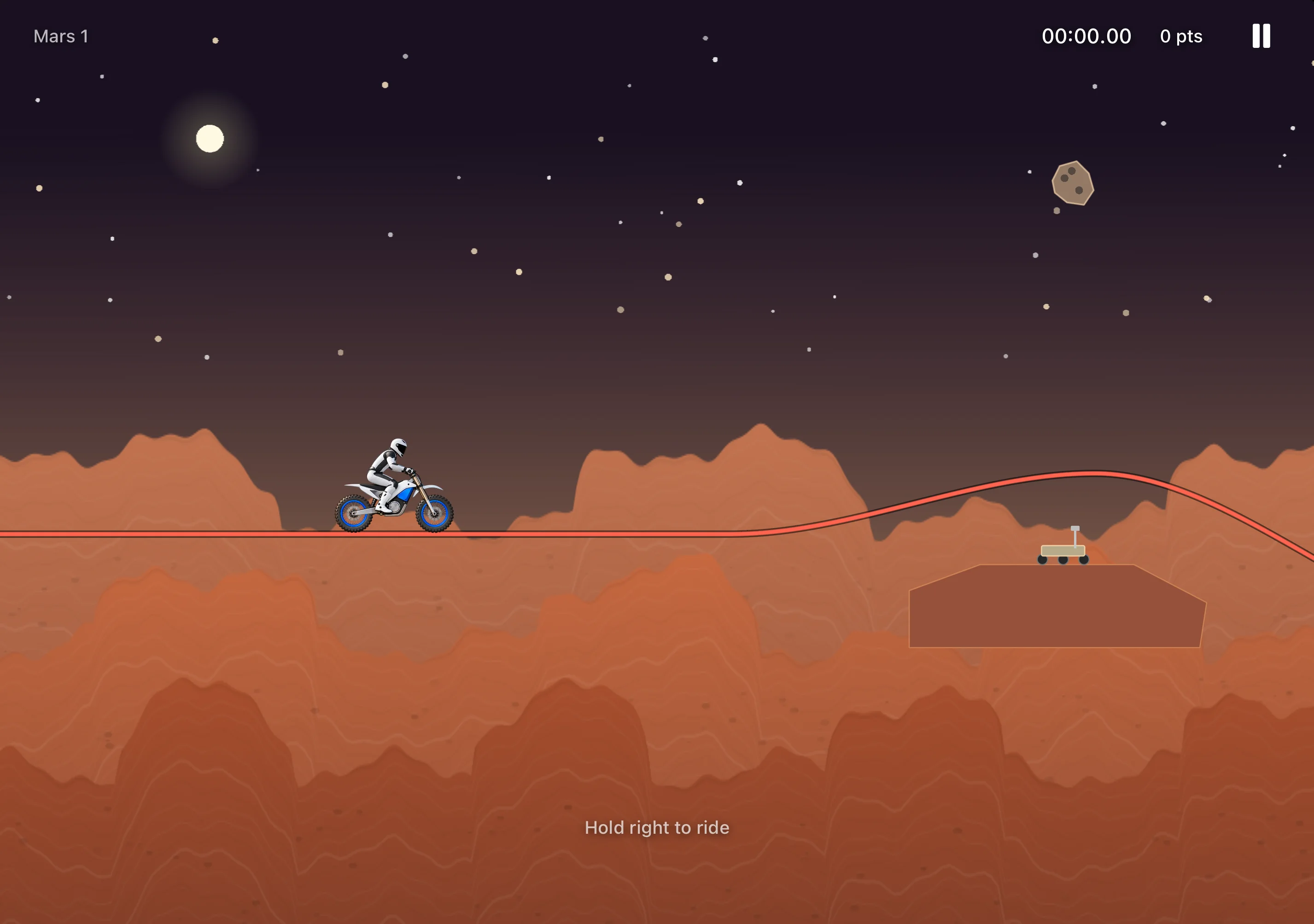 Mars course in the simulator with the original motorcycle, a coral track, three rust-colored terrain layers, stars, and a rover.