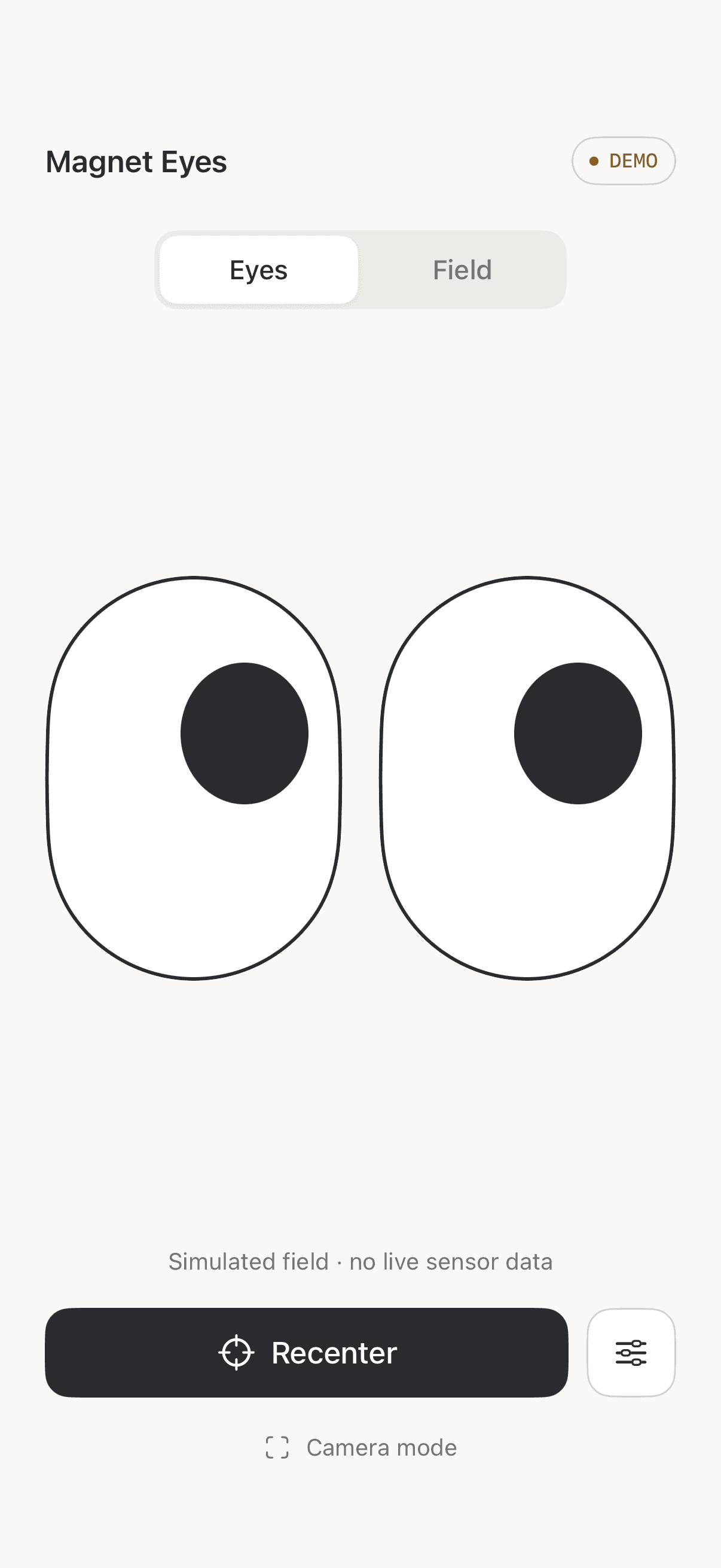 Magnet Eyes app showing animated eyes in labeled Demo mode.