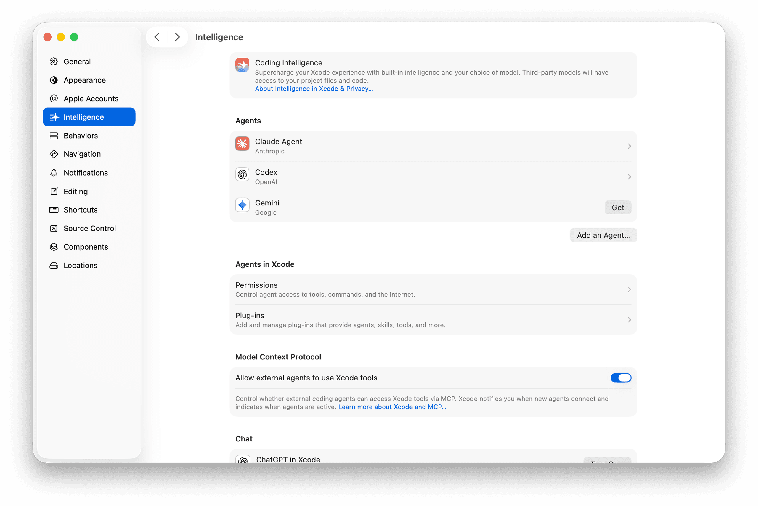 The new Intelligence tab in Xcode 27 with Claude, Codex, and Gemini