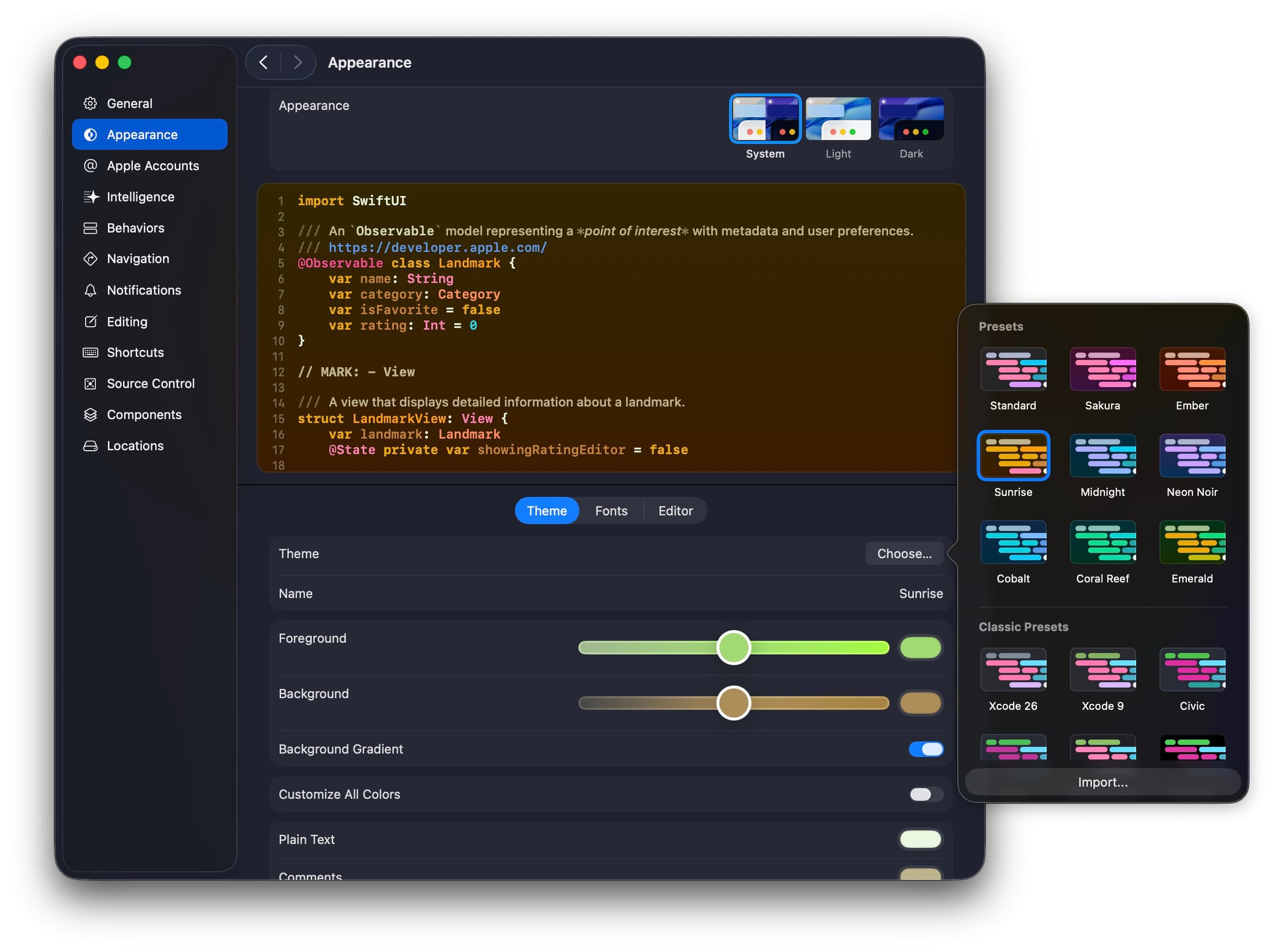 The revamped theme system in Xcode 27